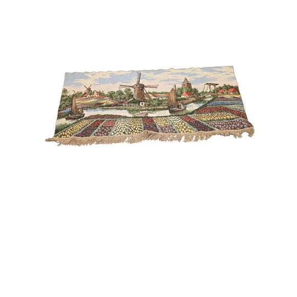 Vintage Cotton Tapestry depicting Dutch Scene with Tulips and Windmills 60x30in. - Picture 1 of 7
